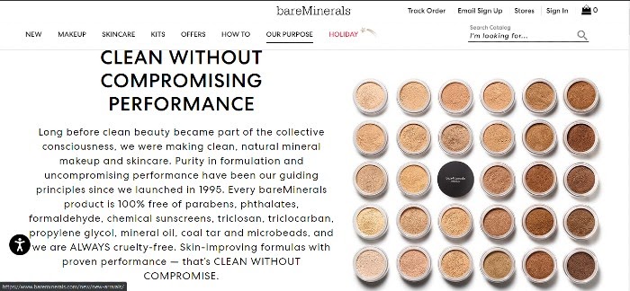 Skin Care Marketing página de inicio de bareMinerals