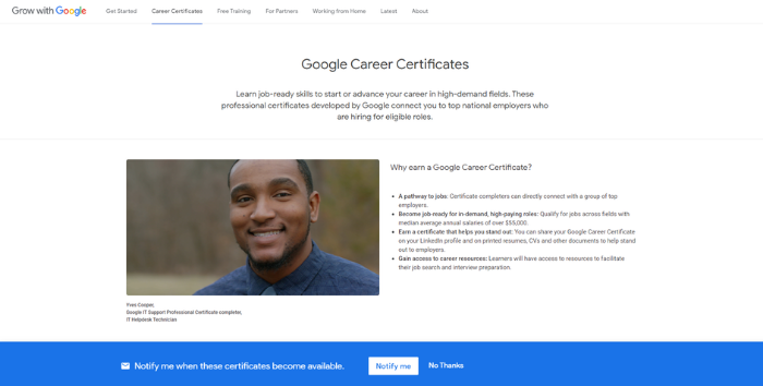 Certificados de Google: página de inicio