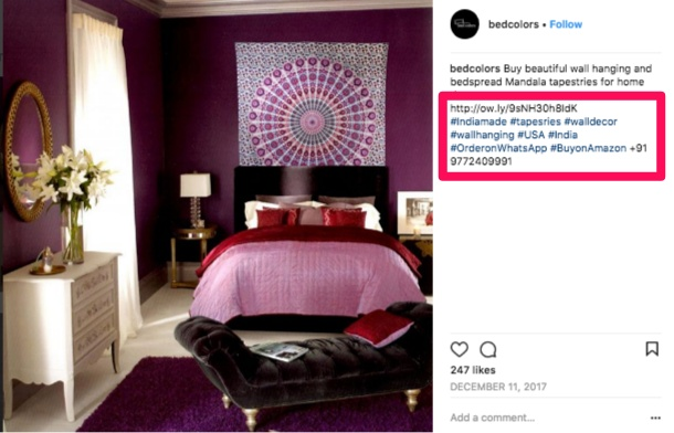 Hashtags de Bedcolors en una publicación para ayudarlos a vender en Instagram