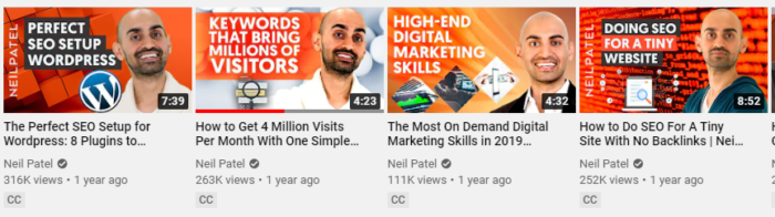 Ejemplos de miniaturas de YouTube de Neil Patel 