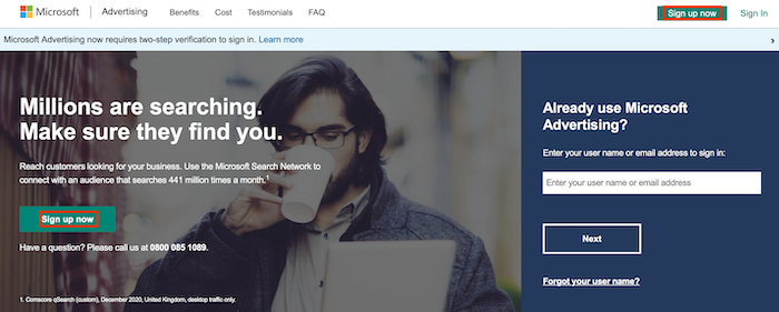 Cómo configurar su campaña de Bing Ads: crear una cuenta de Microsoft Advertising