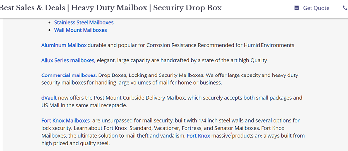 Sitio web gratuito de Google: enlaces de Steel Mailbox al sitio principal