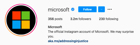Ejemplo de perfil de red social de Microsoft Instagram