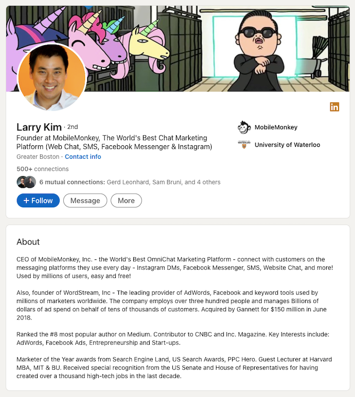 Ejemplo de perfil de Larry Kim en las redes sociales de LinkedIn