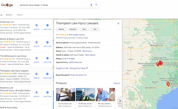 captura de pantalla de google my business para marketing de bufetes de abogados