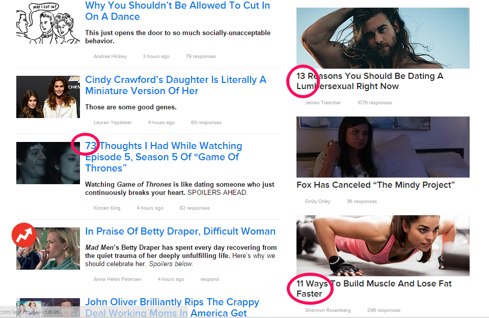 Una captura de pantalla de la página de visualización de Buzzfeed, con muchos títulos en círculos que indican números impares. 