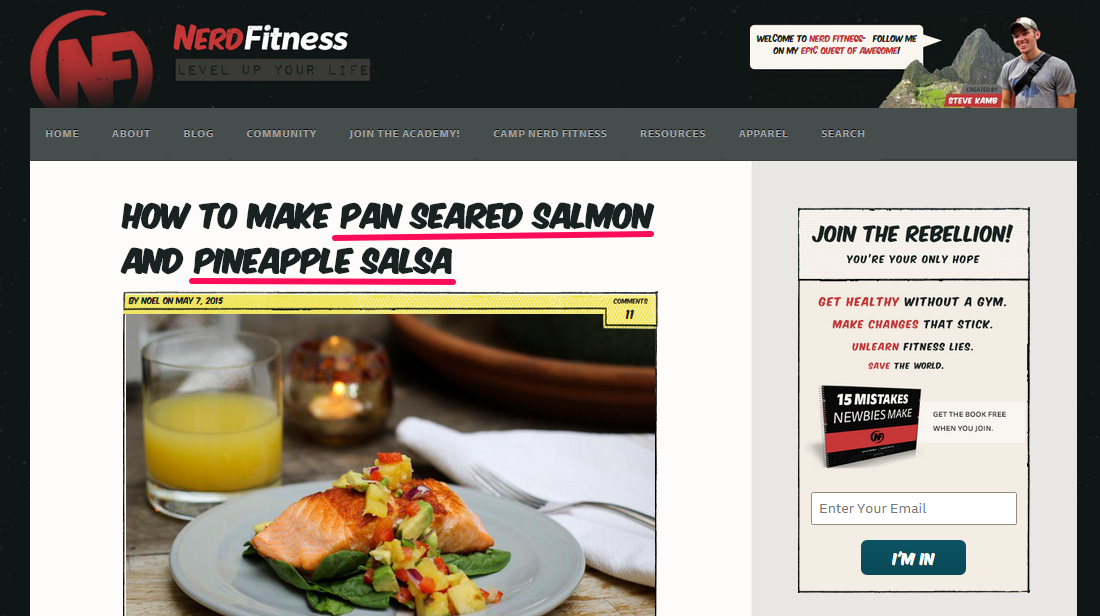 Receta en línea de NerdFitness con un título específico que detalla Salsa de salmón braseado y piña "width =" 550 "height =" 308