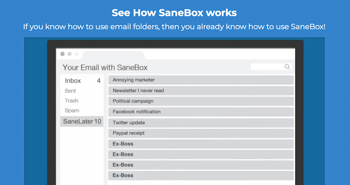 Inteligencia artificial de gestión de la bandeja de entrada de correo electrónico de Sanebox
